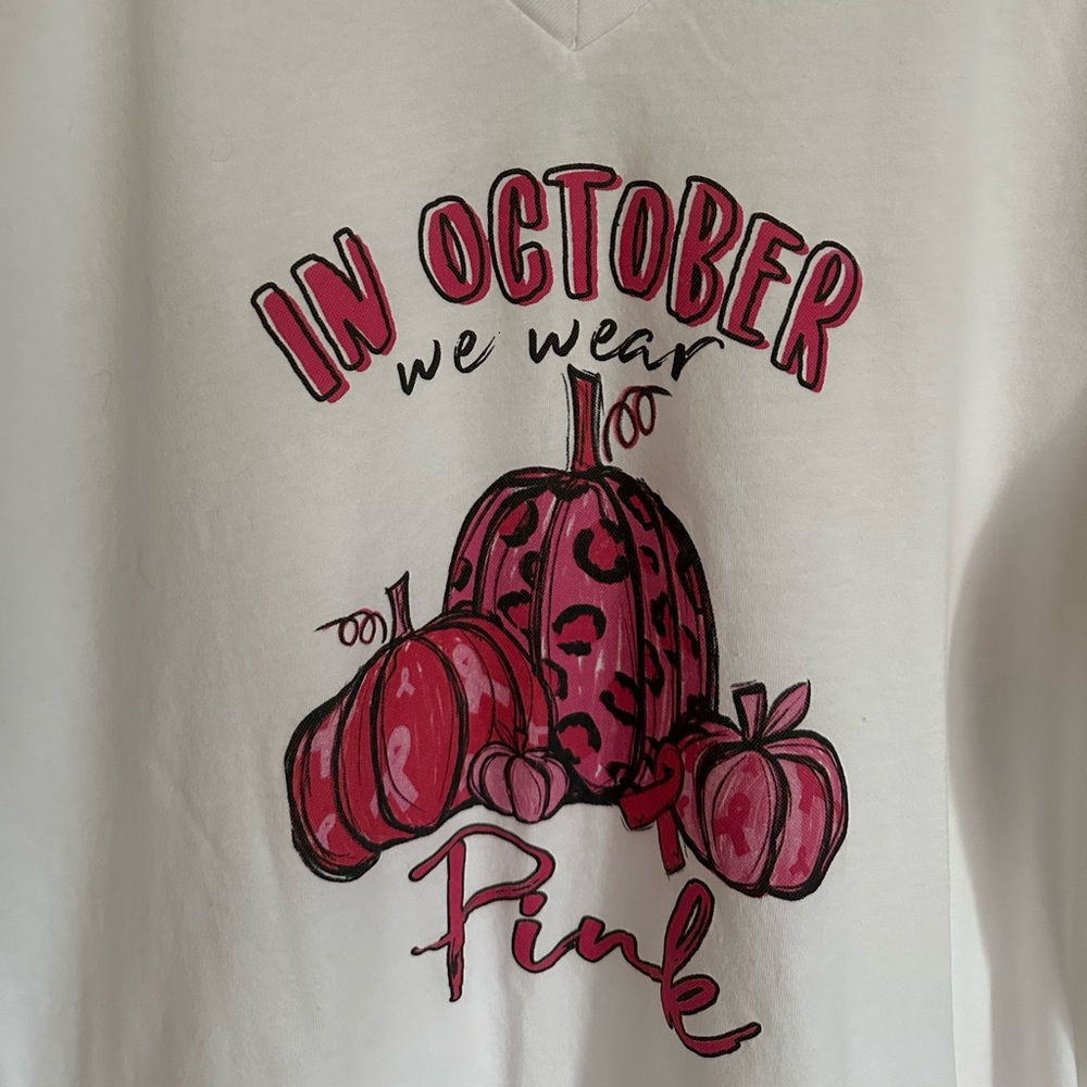 White T-shirt with Pink Pumpkin Graphic, Breast Cancer Awareness